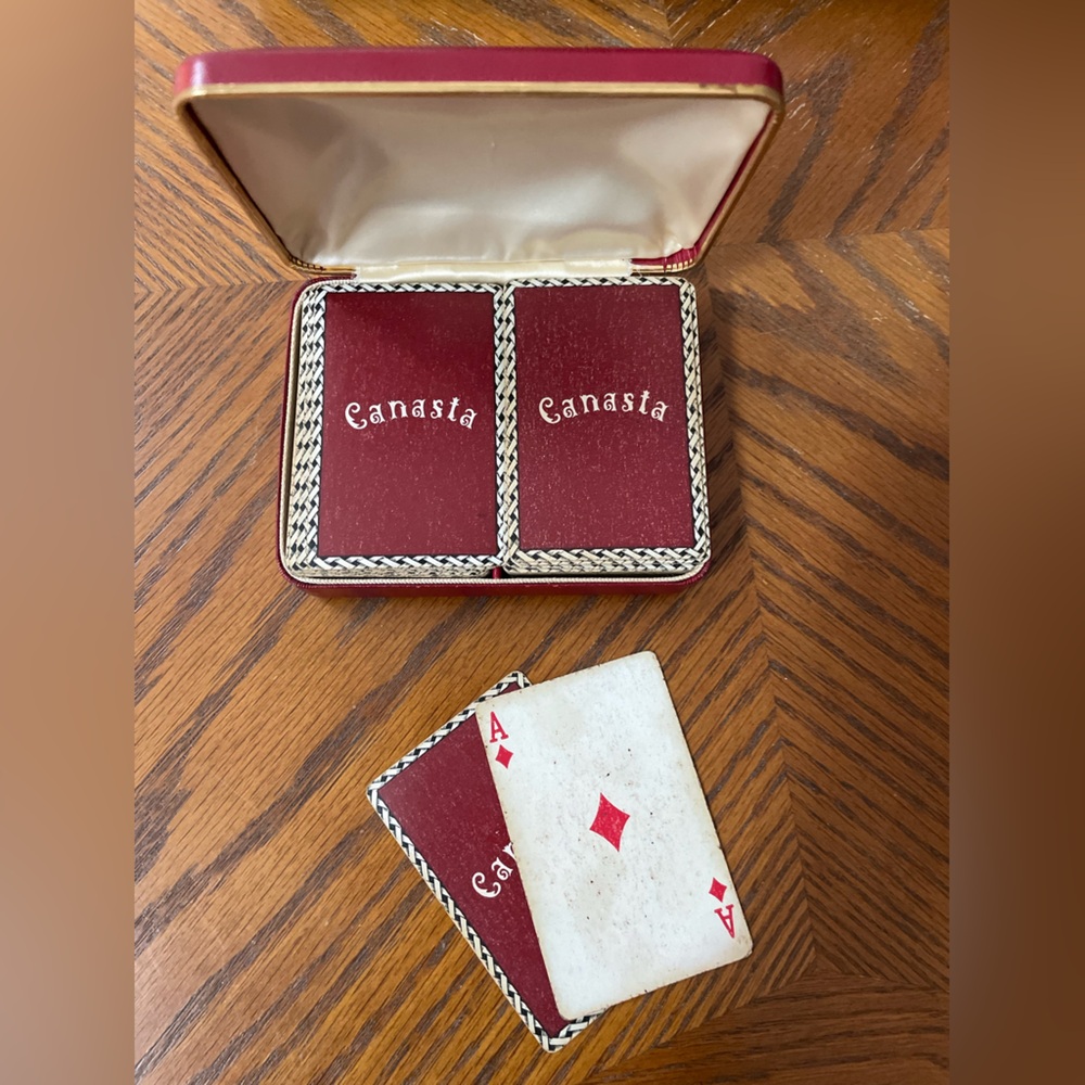 Vintage 1950’s Canasta Card Set in Red Leather/Brass Case w Satin Interior Trim